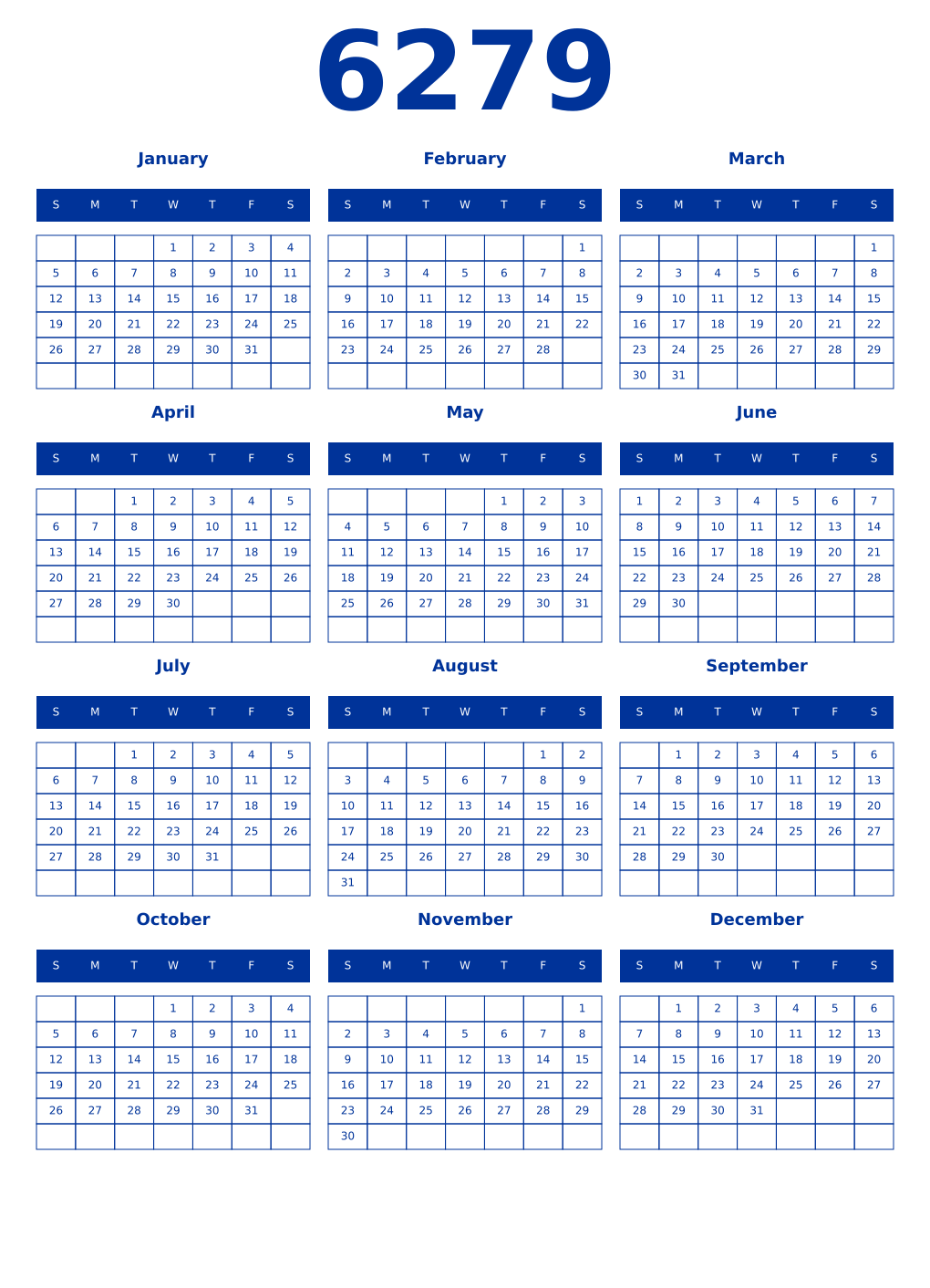 Printable 6279 Year Calendars smalt