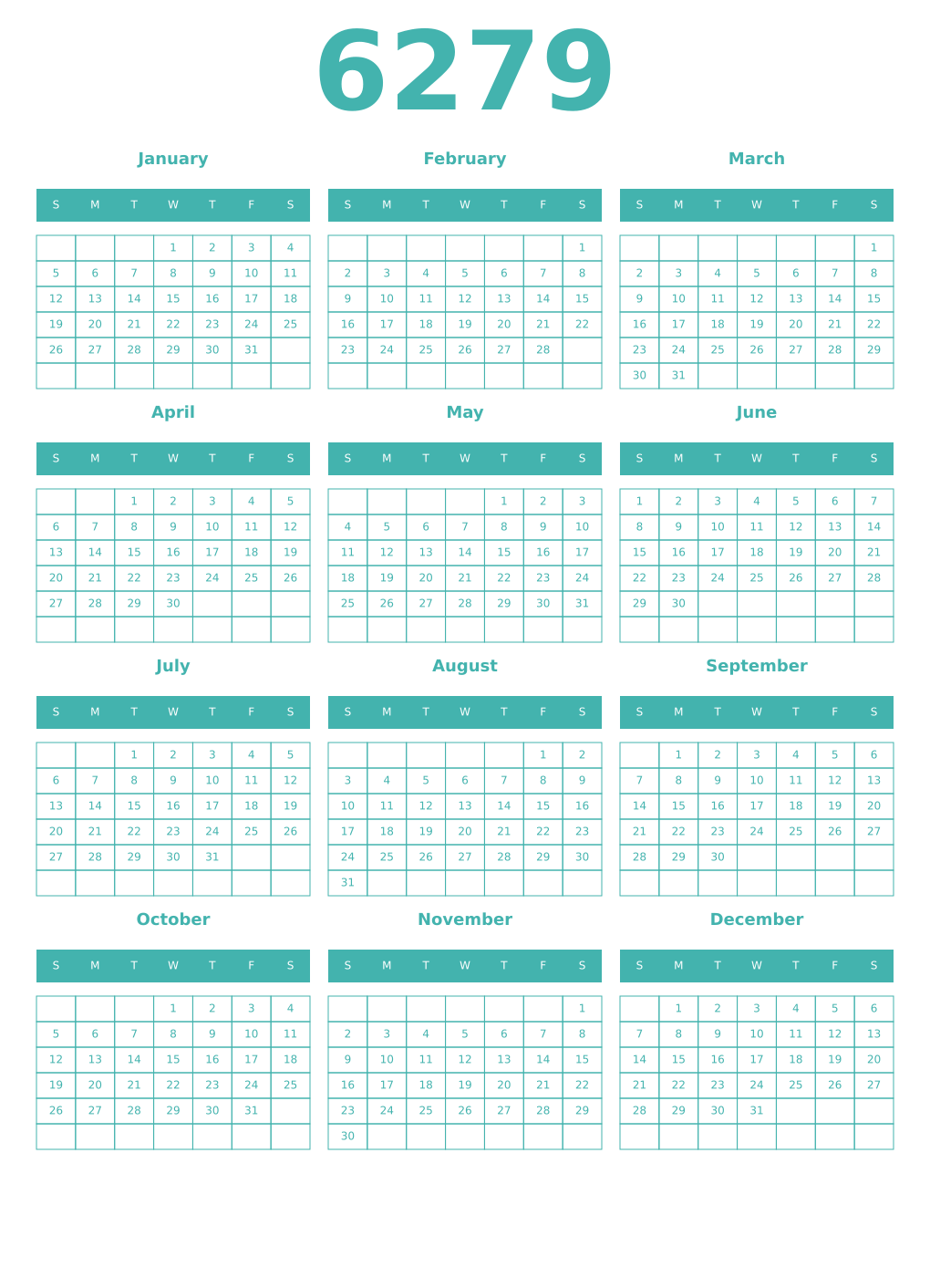 Printable 6279 Year Calendars verdigris