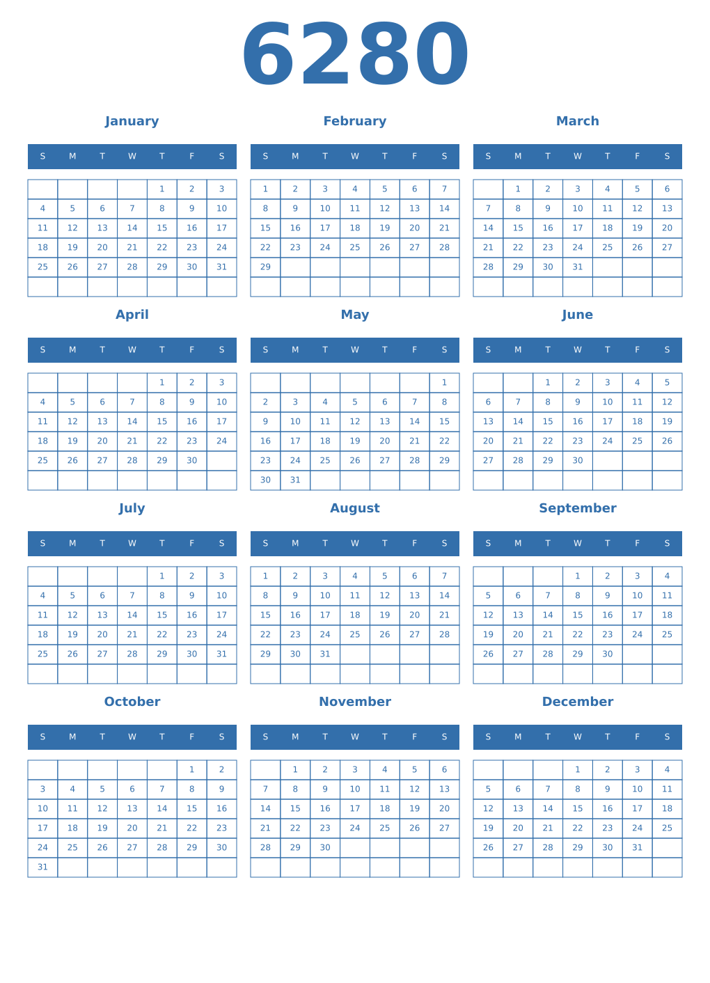 Printable 6280 Year Calendars blue