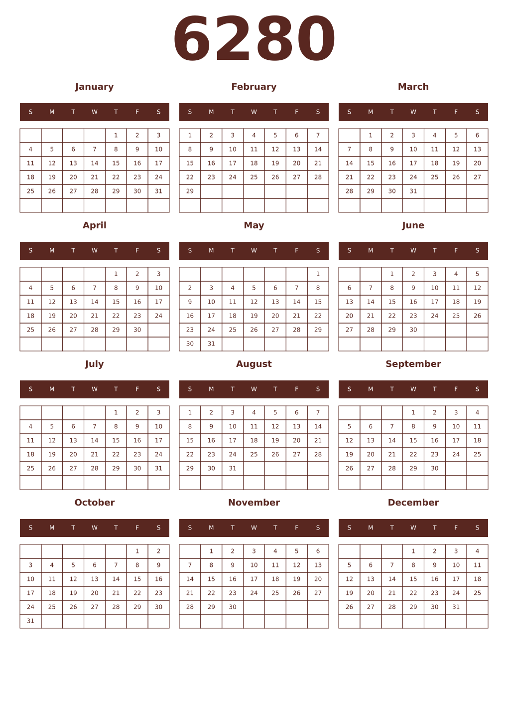 Printable 6280 Year Calendars mortuum