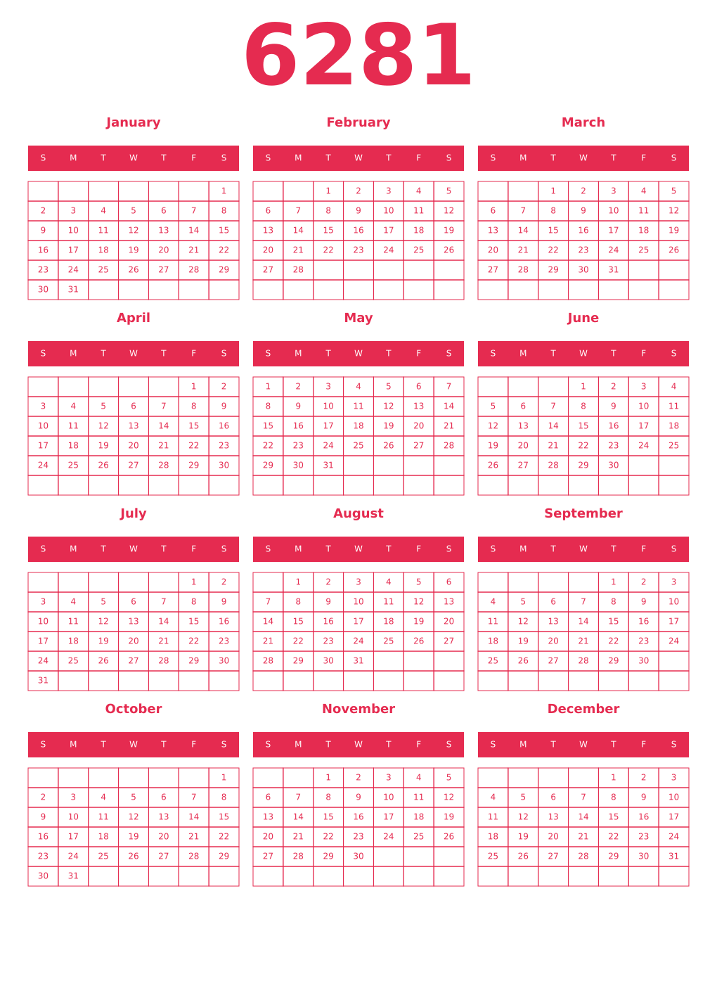 Printable 6281 Year Calendars amaranth