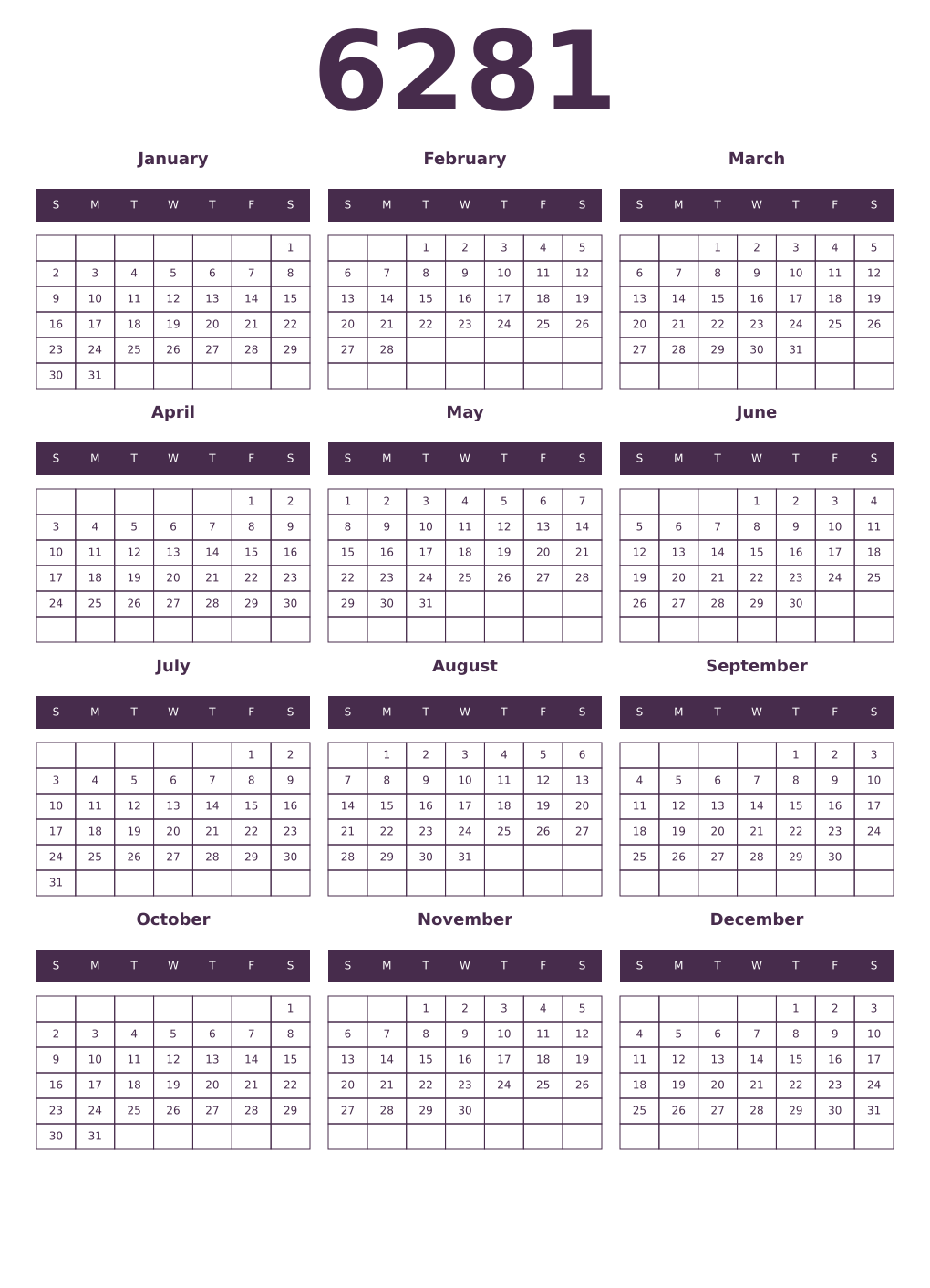 Printable 6281 Year Calendars aubergine