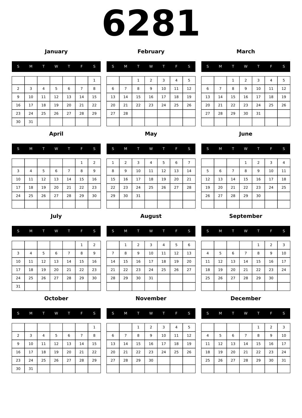 Printable 6281 Year Calendars black