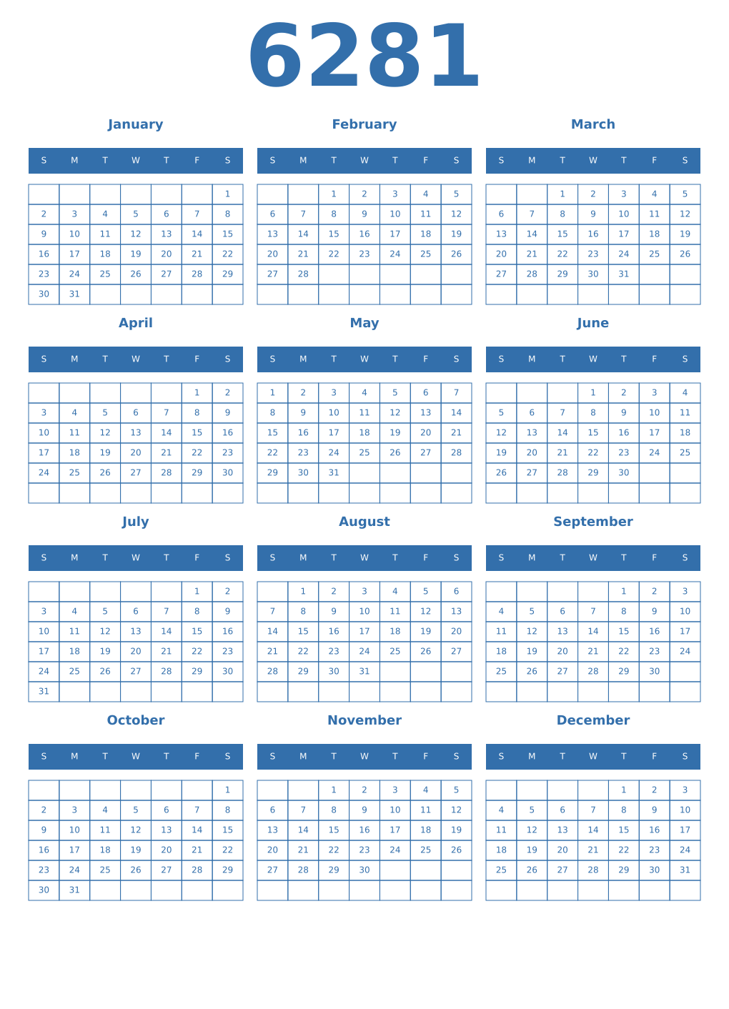 Printable 6281 Year Calendars blue