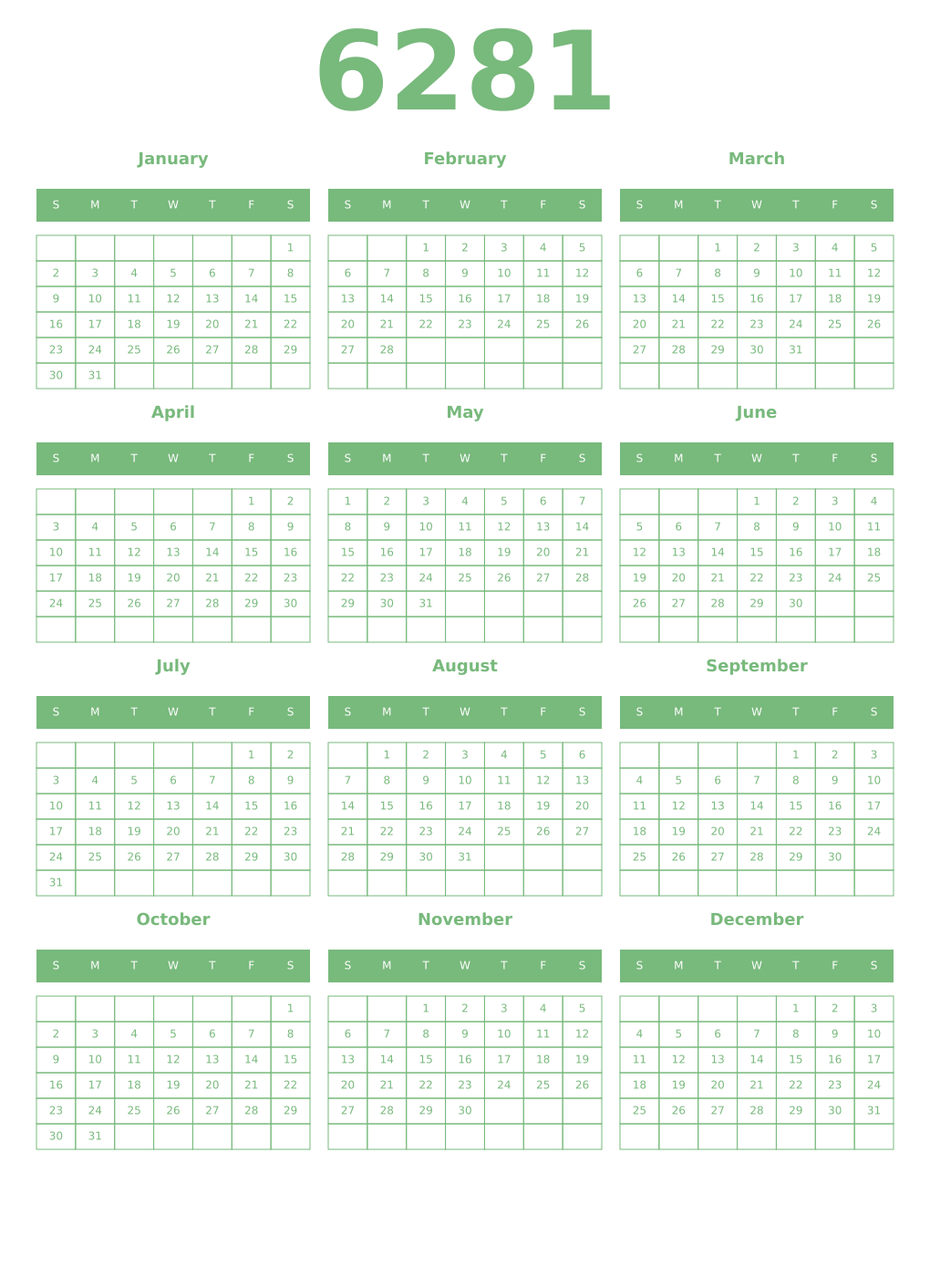 Printable 6281 Year Calendars celadon
