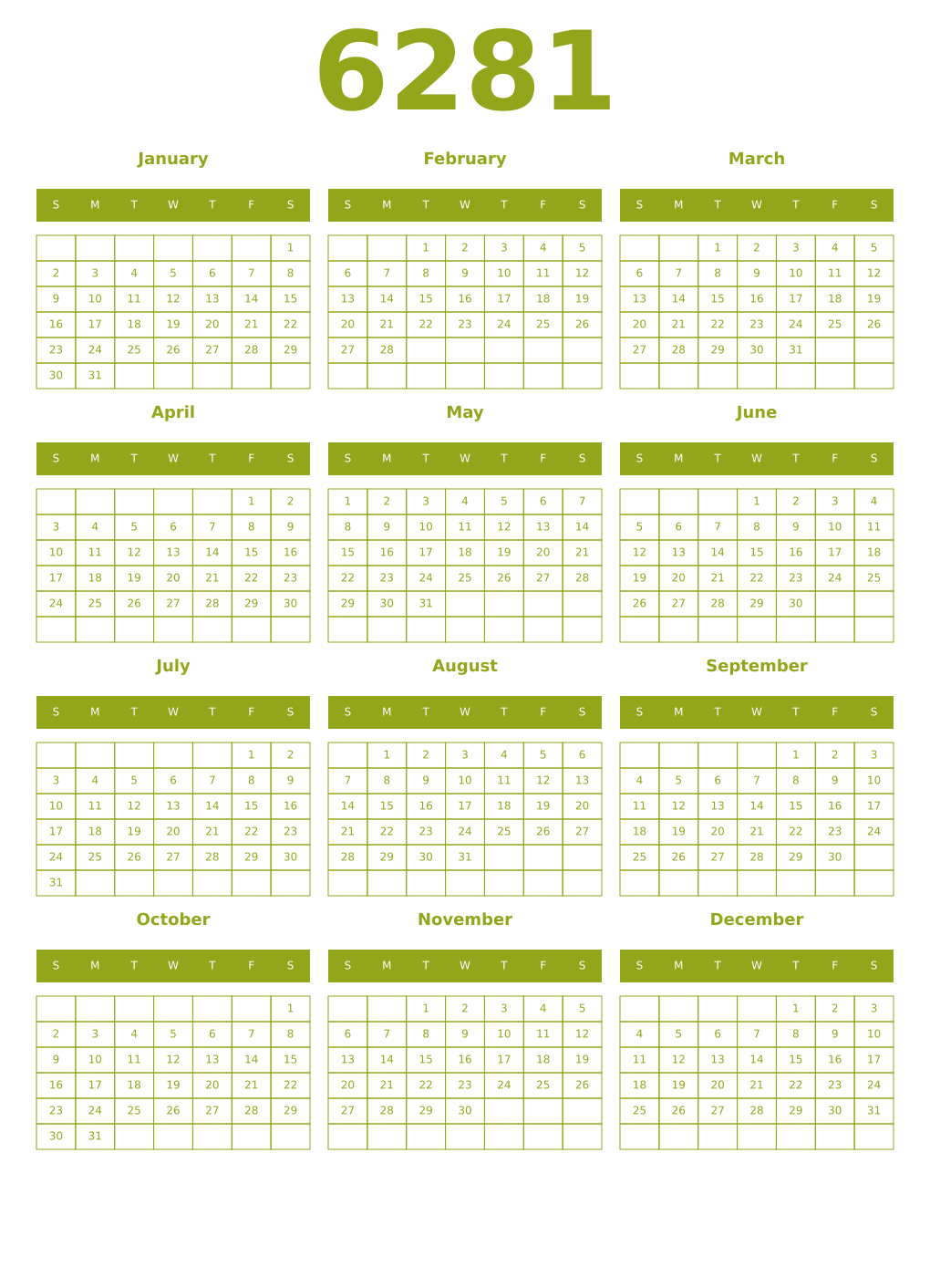 Printable 6281 Year Calendars chartreuse