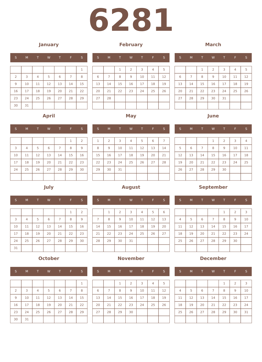 Printable 6281 Year Calendars coffe