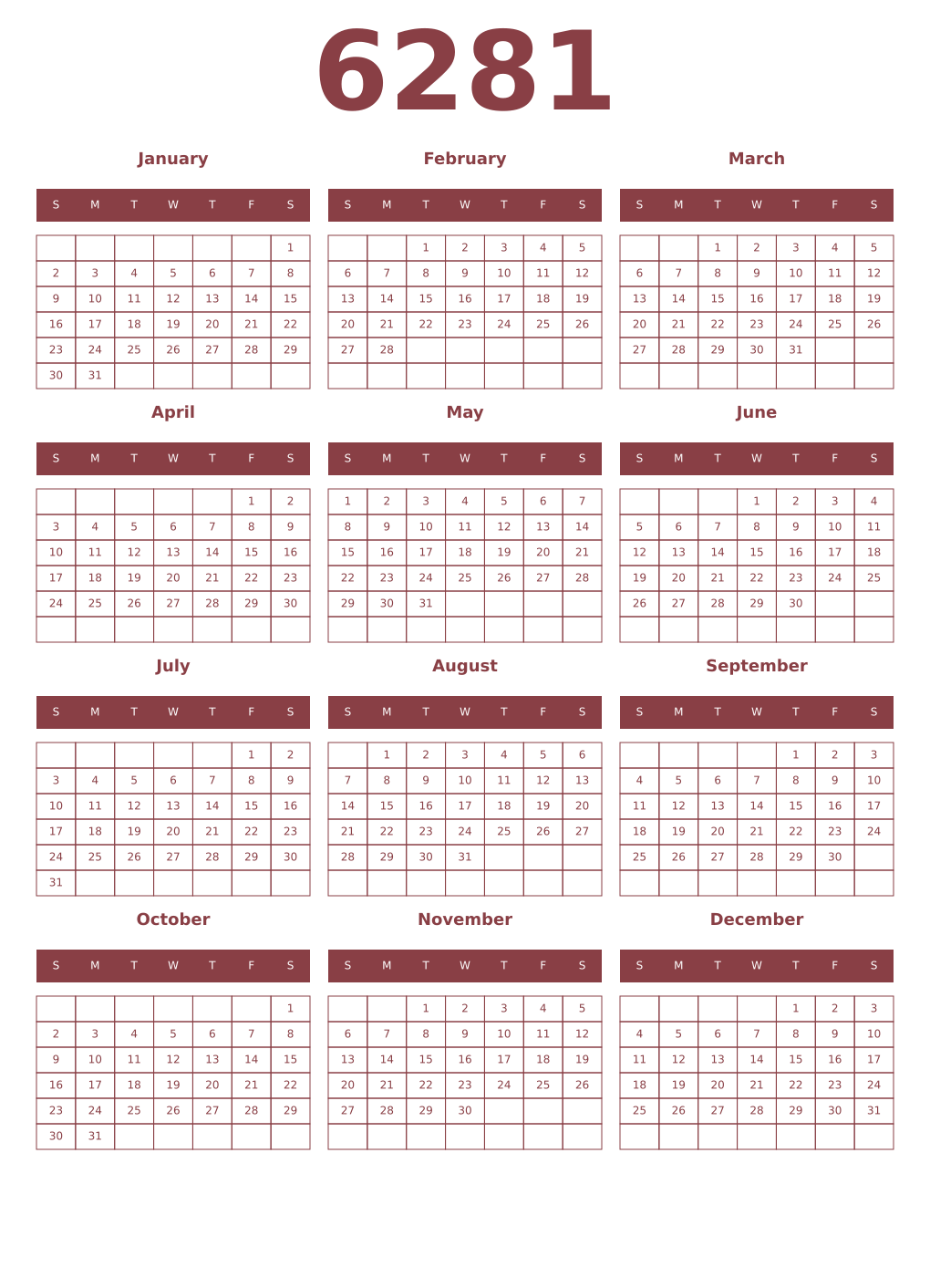 Printable 6281 Year Calendars cordovan