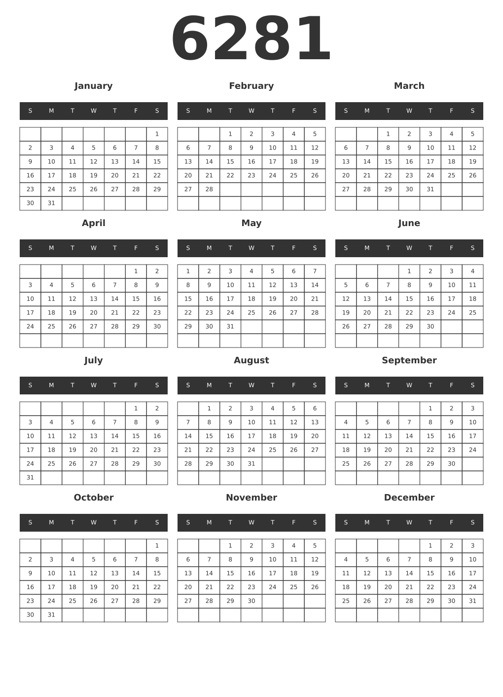 Printable 6281 Year Calendars dark