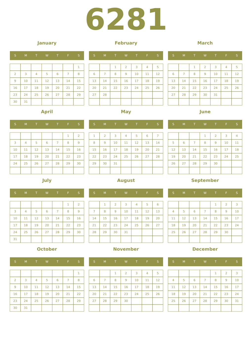 Printable 6281 Year Calendars eburnean