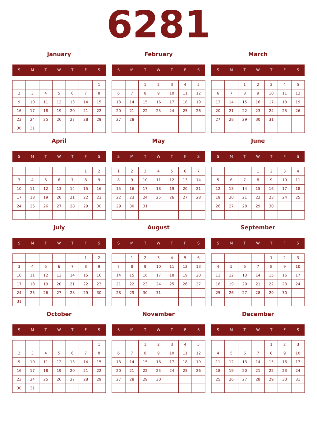 Printable 6281 Year Calendars falu