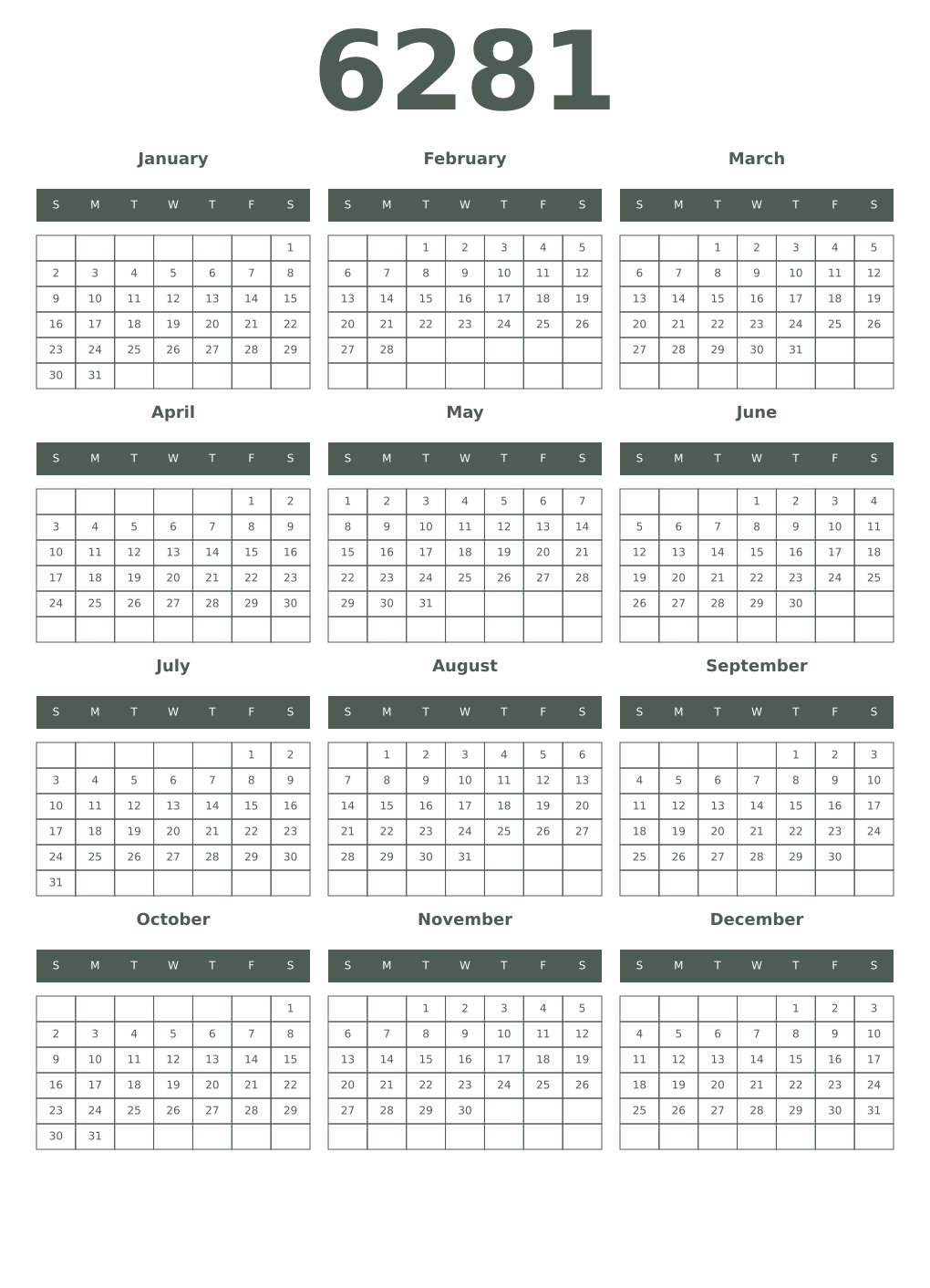 Printable 6281 Year Calendars feldgrau