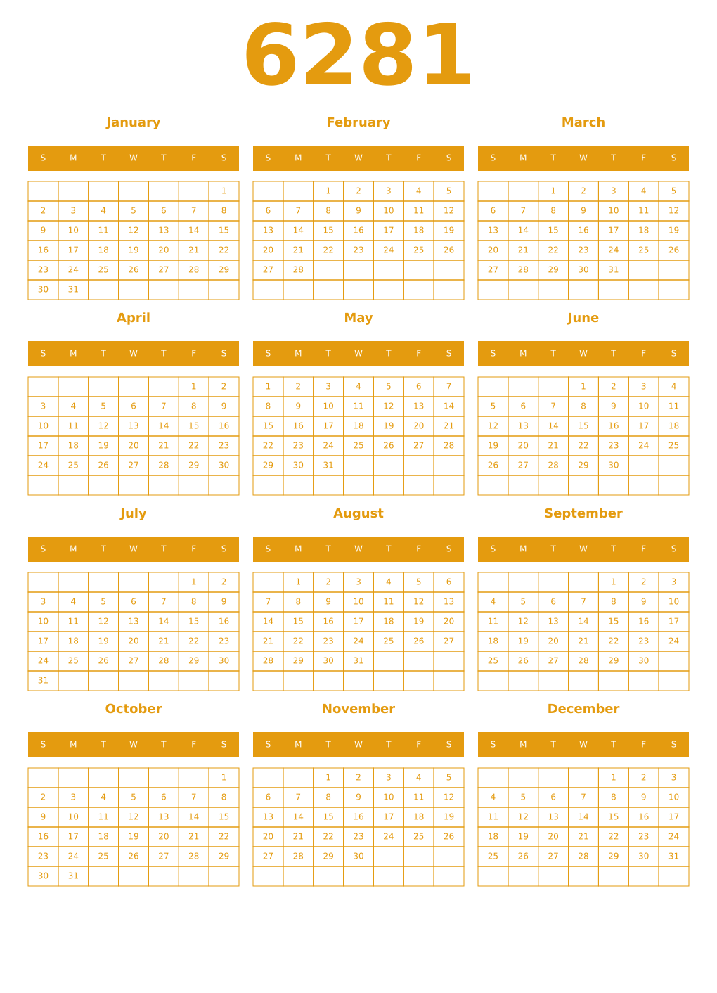 Printable 6281 Year Calendars gamboge