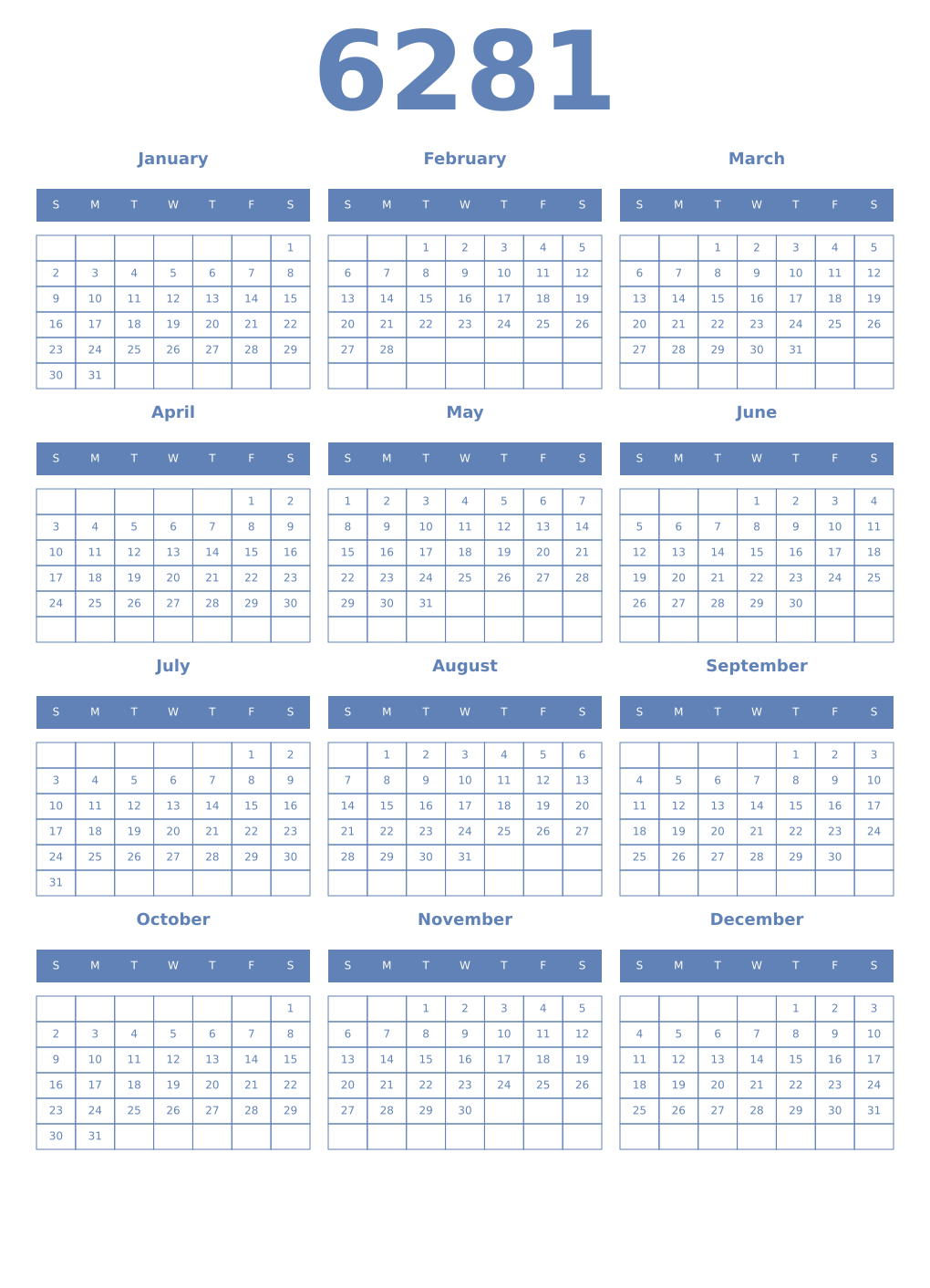 Printable 6281 Year Calendars glaucous