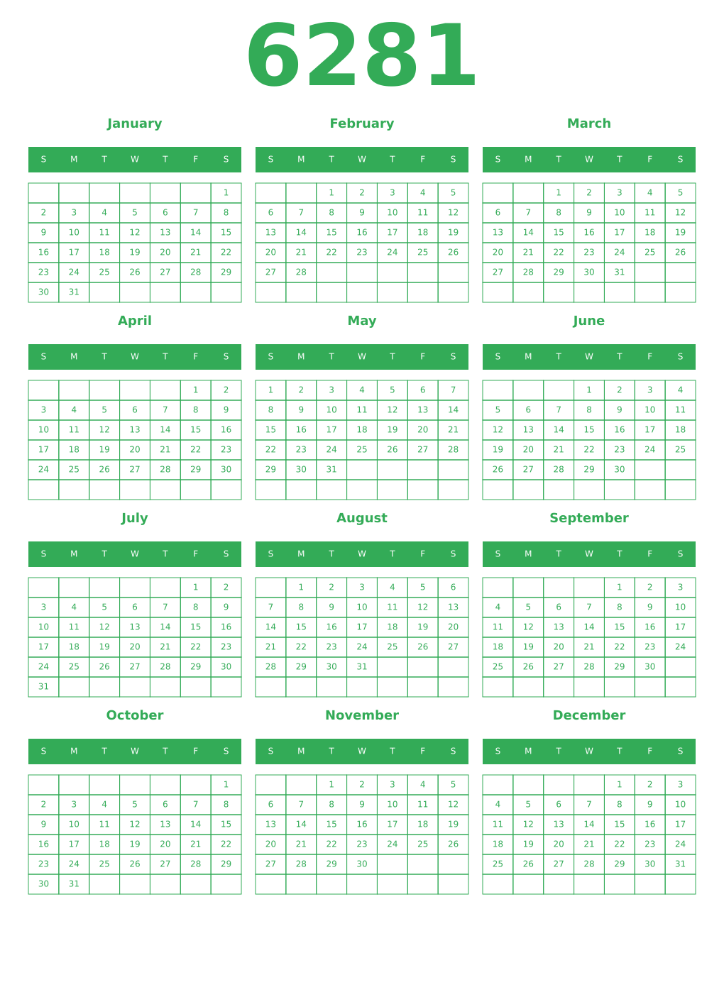 Printable 6281 Year Calendars green