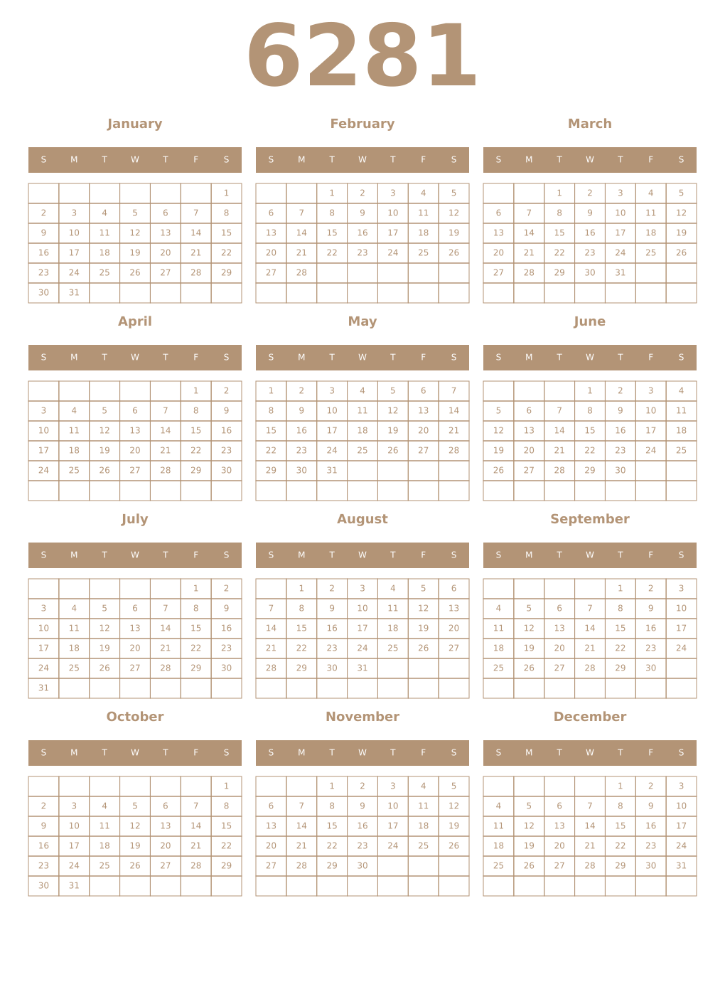 Printable 6281 Year Calendars isabelline