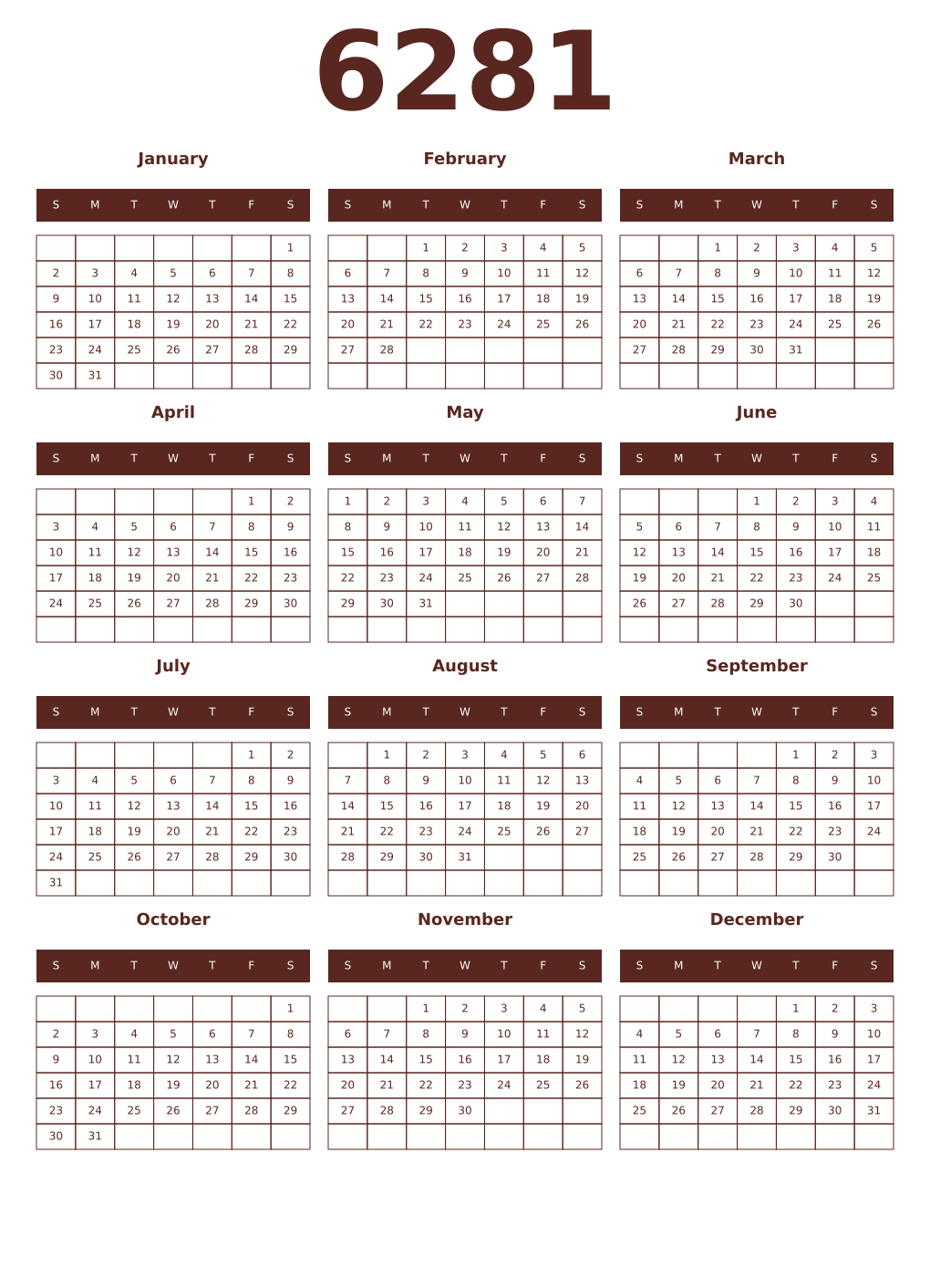 Printable 6281 Year Calendars mortuum