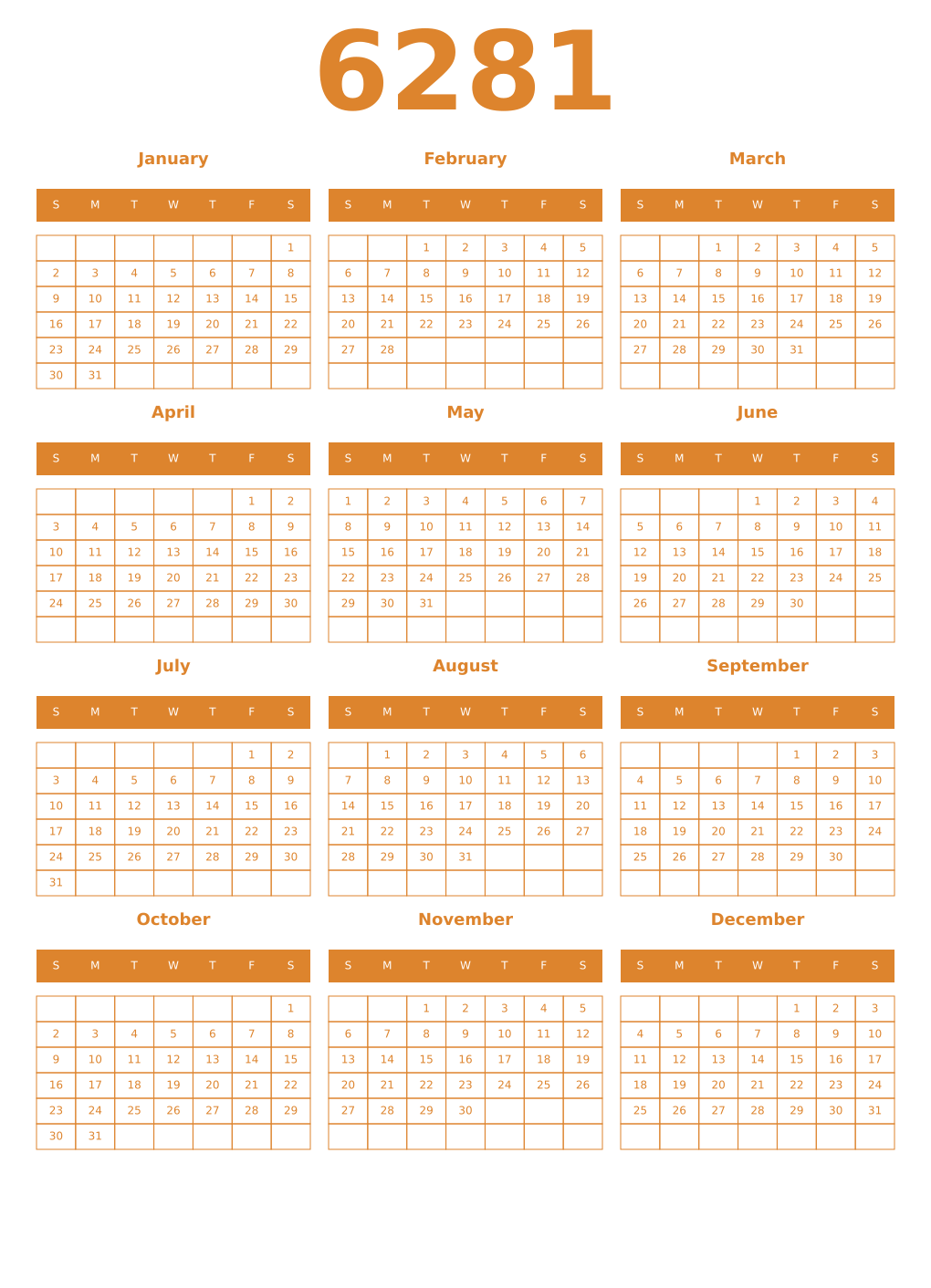 Printable 6281 Year Calendars orange