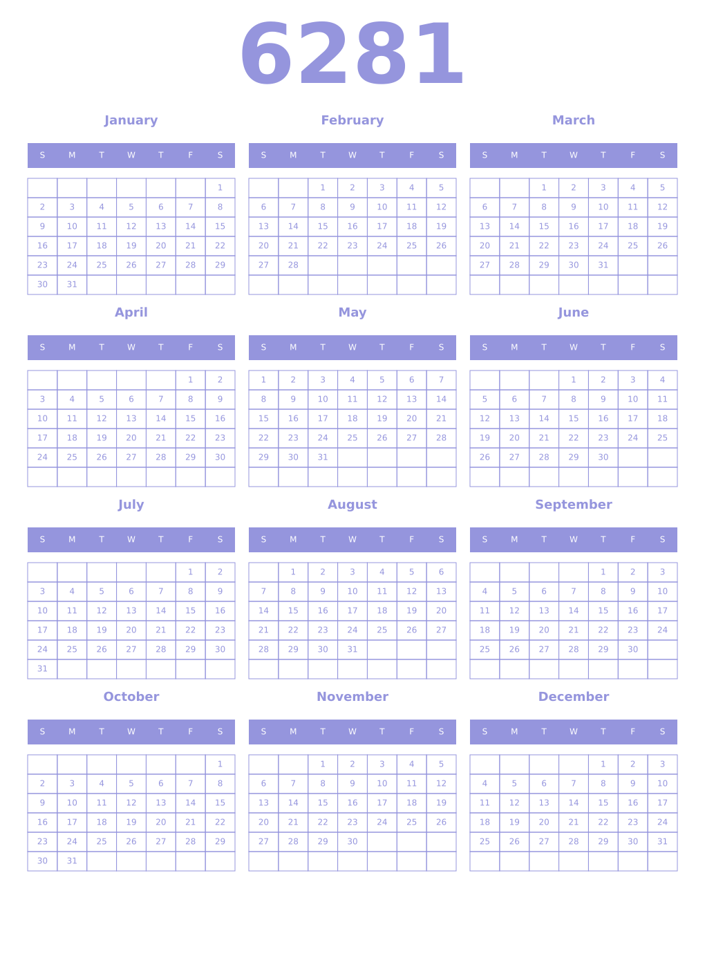 Printable 6281 Year Calendars periwinkle