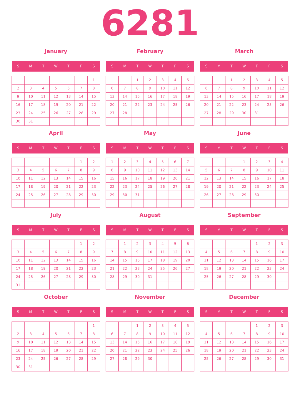 Printable 6281 Year Calendars pink