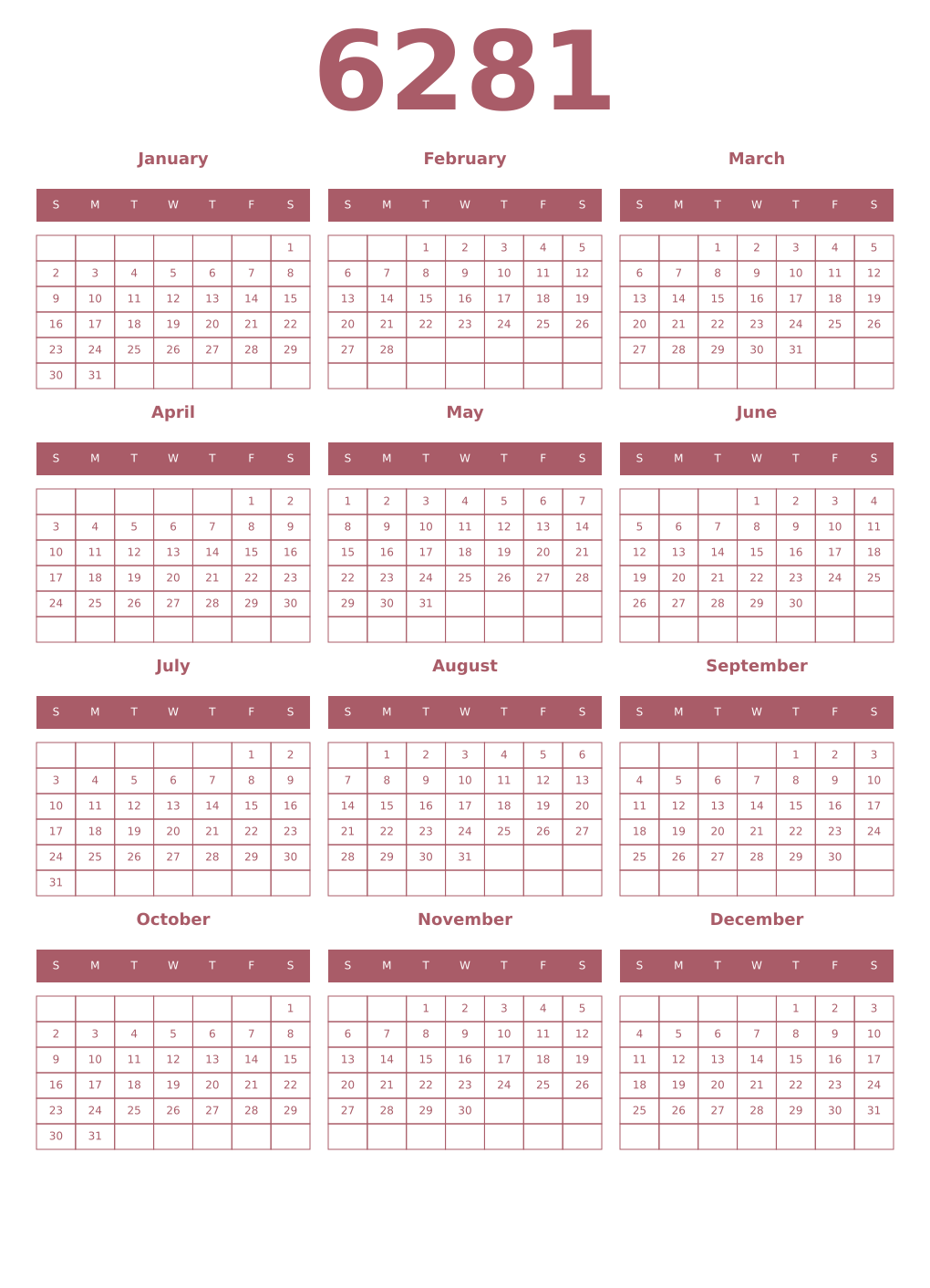 Printable 6281 Year Calendars puce