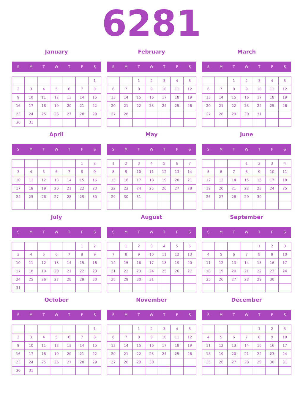 Printable 6281 Year Calendars purple