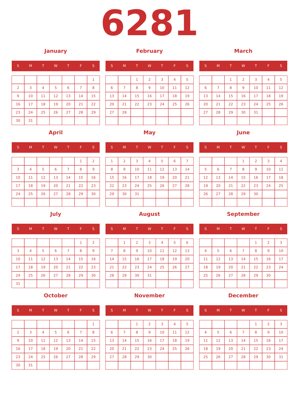 Printable 6281 Year Calendars red