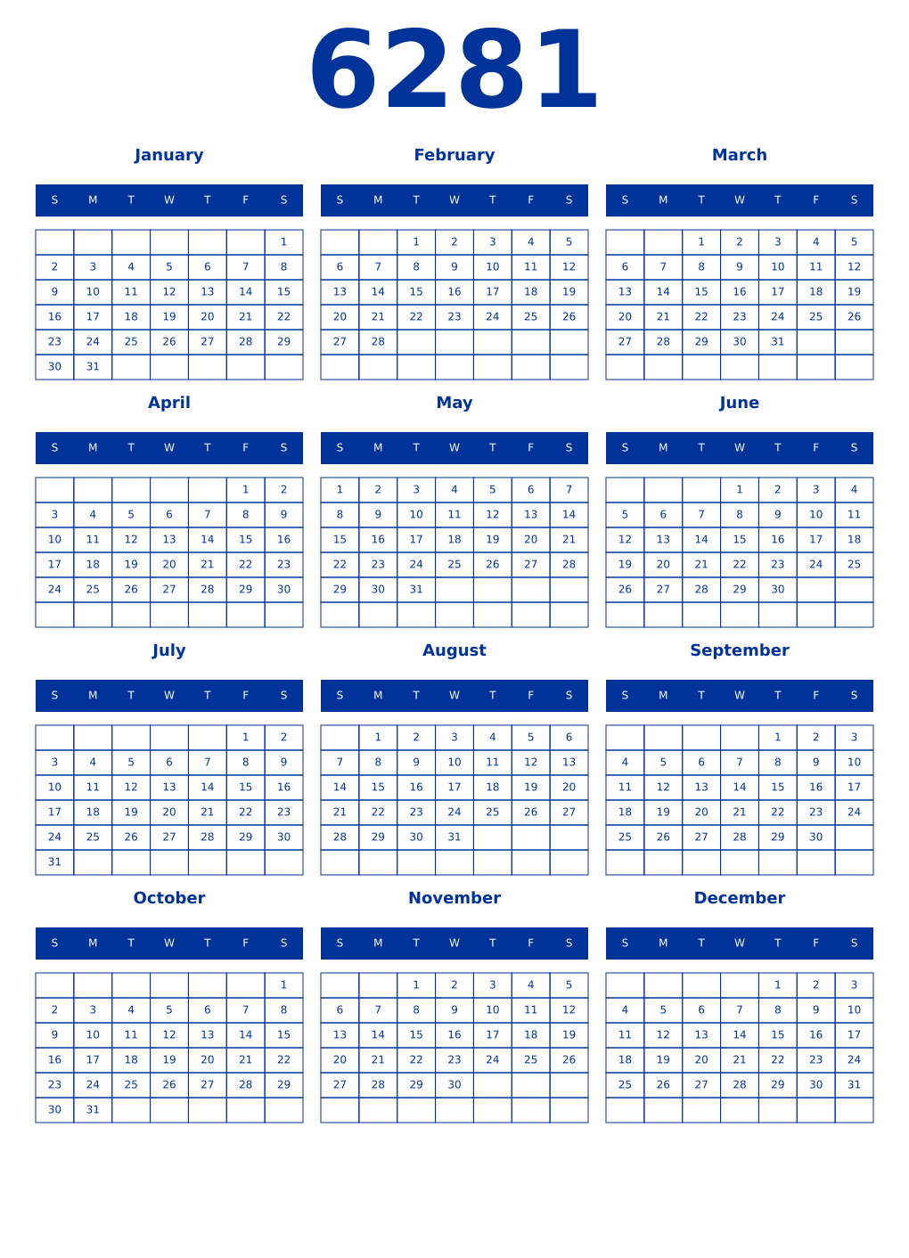 Printable 6281 Year Calendars smalt