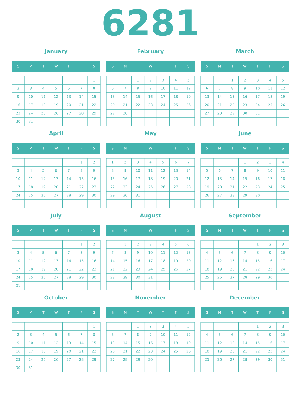 Printable 6281 Year Calendars verdigris