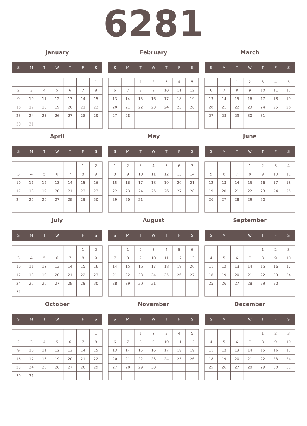 Printable 6281 Year Calendars wenge