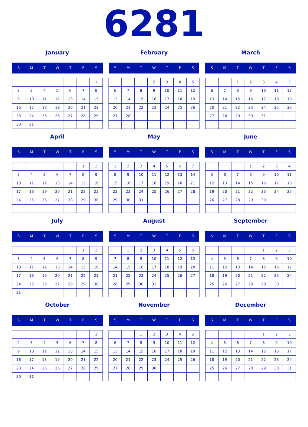 Printable 6281 Year Calendars zaffre