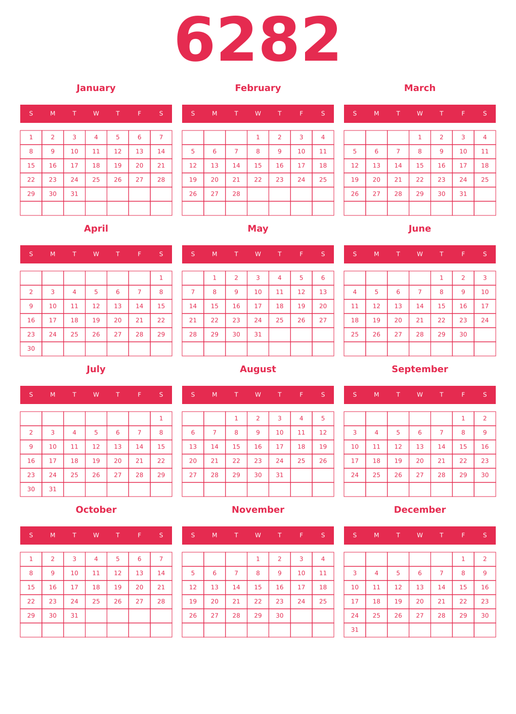 Printable 6282 Year Calendars amaranth