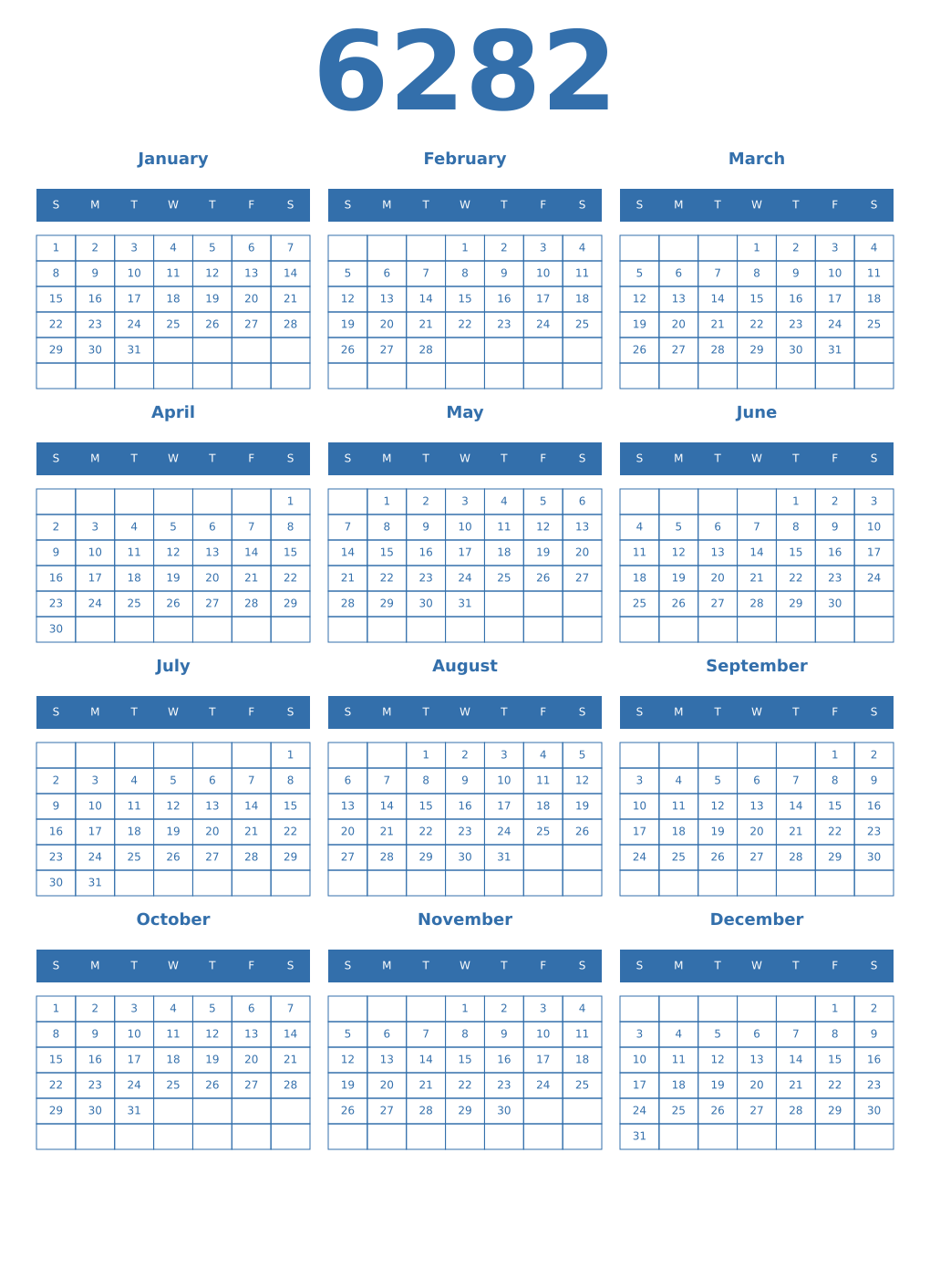 Printable 6282 Year Calendars blue