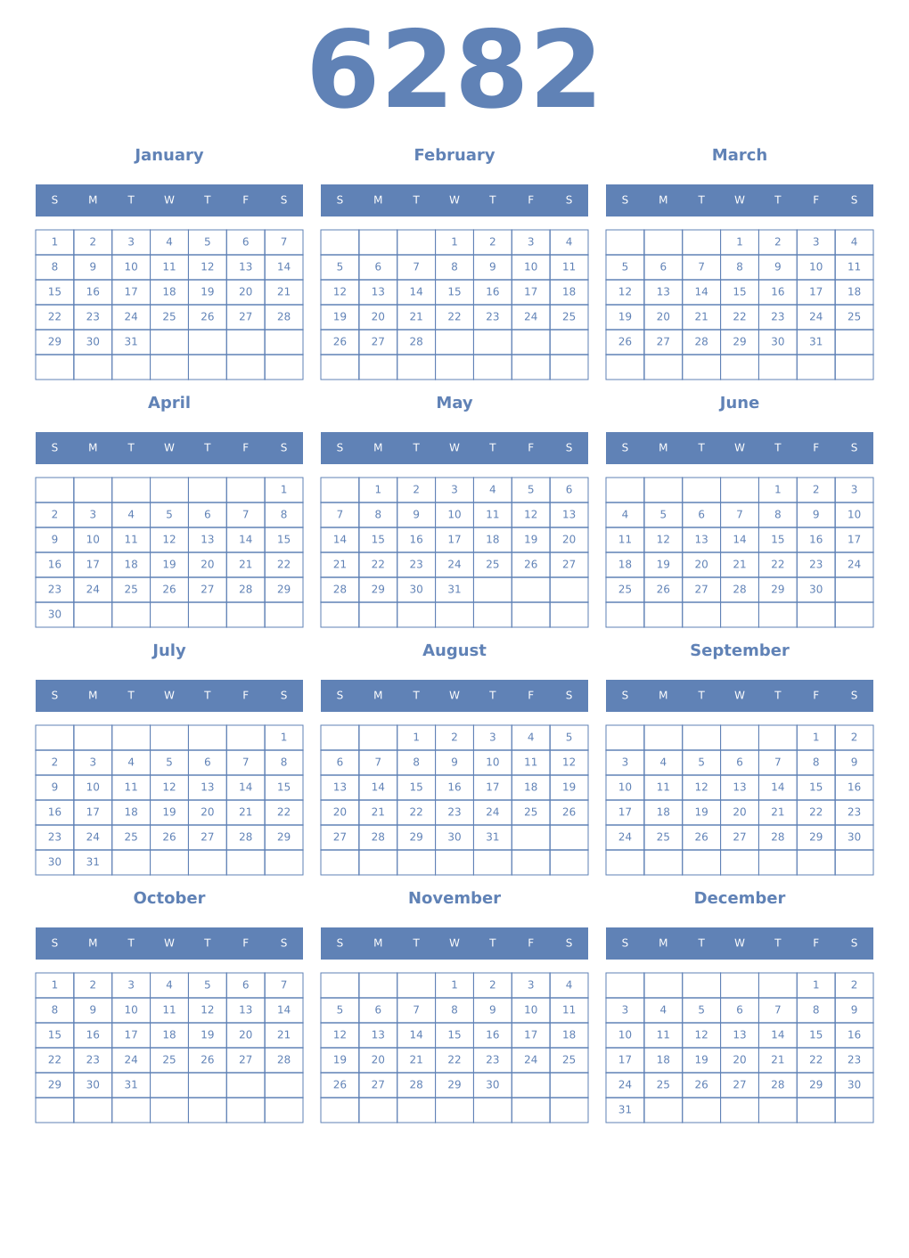 Printable 6282 Year Calendars glaucous