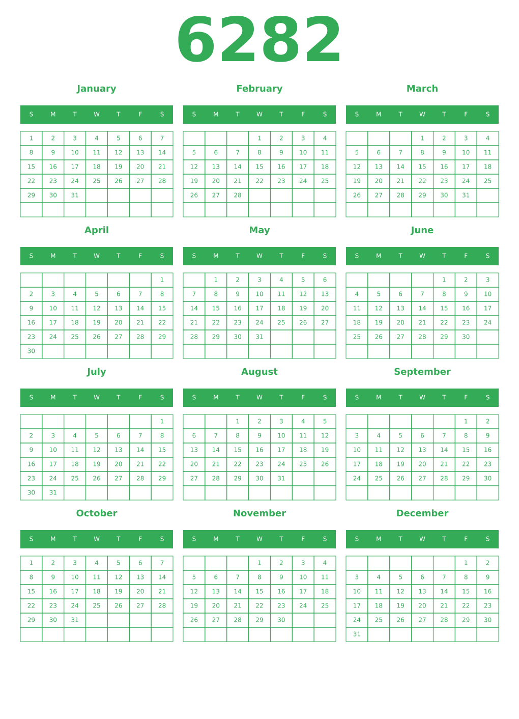 Printable 6282 Year Calendars green