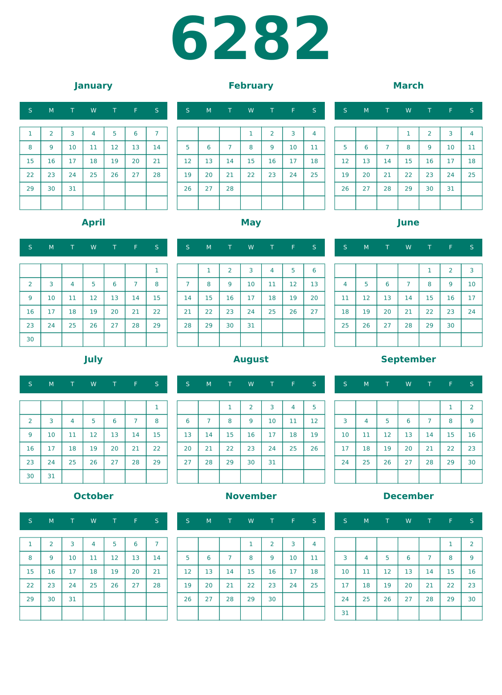 Printable 6282 Year Calendars pastel
