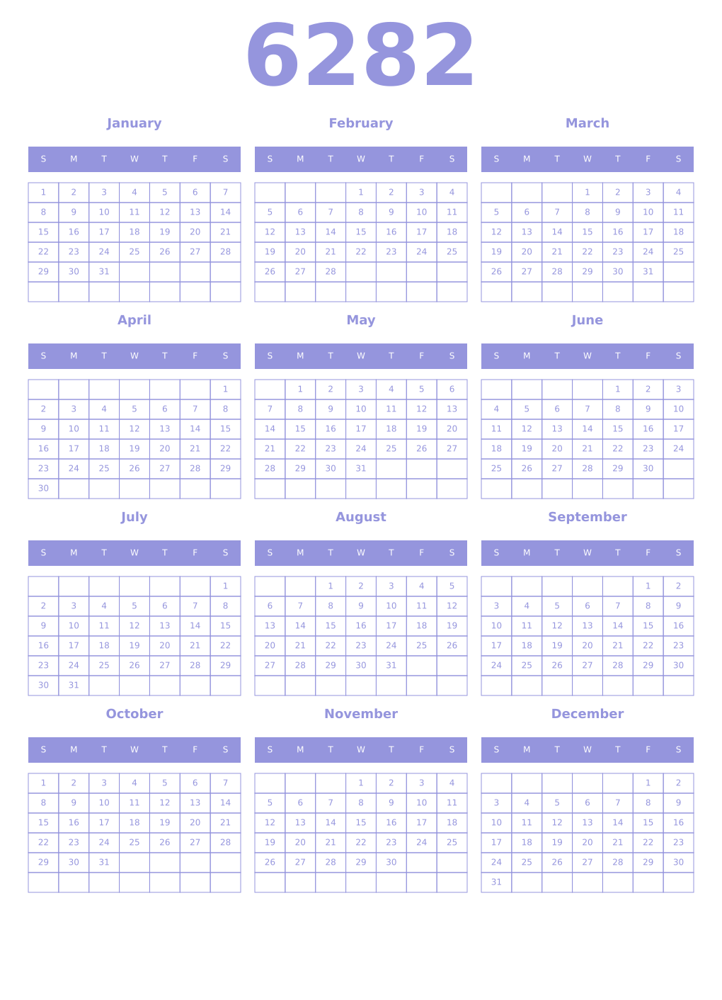 Printable 6282 Year Calendars periwinkle