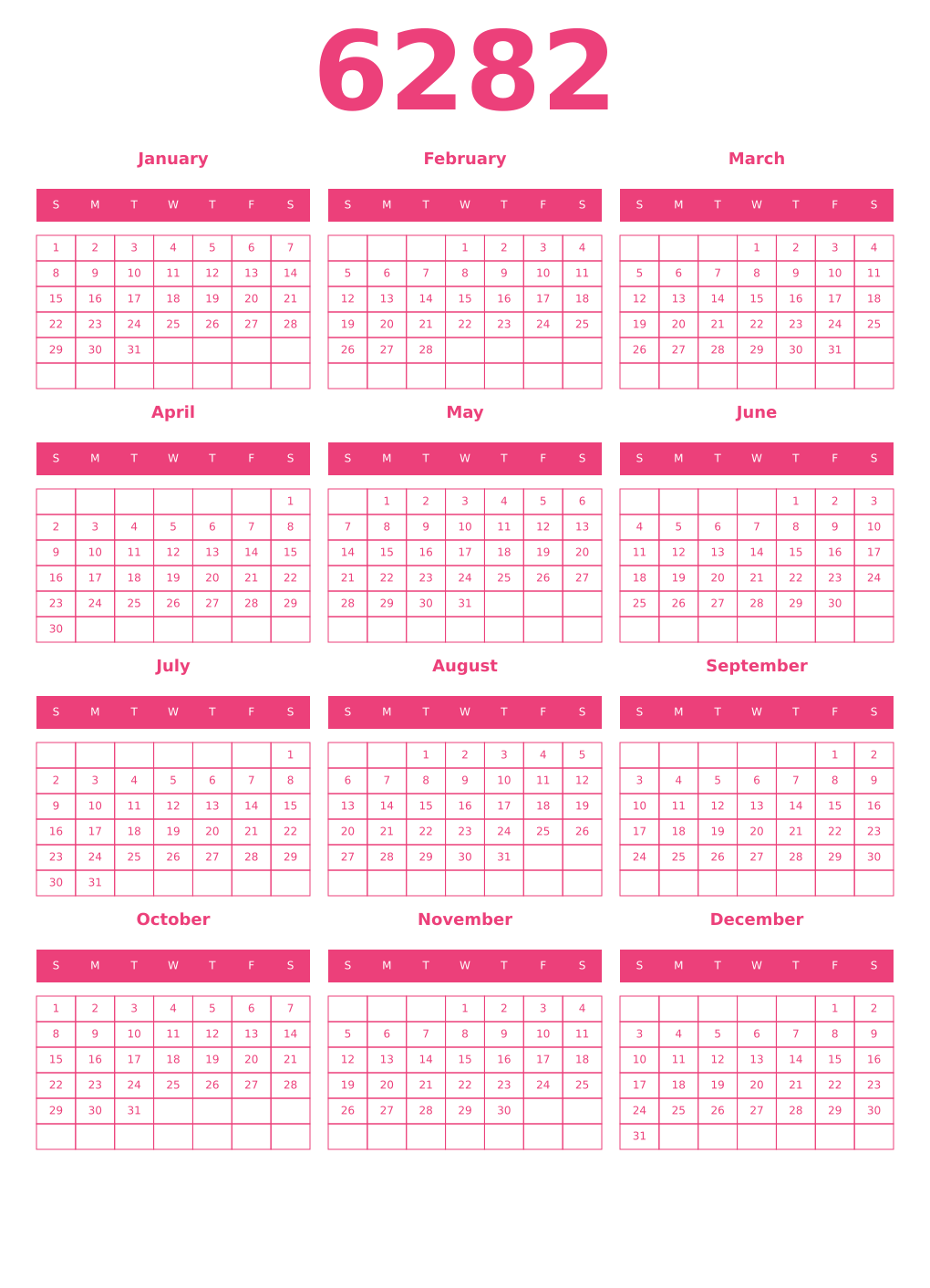 Printable 6282 Year Calendars pink
