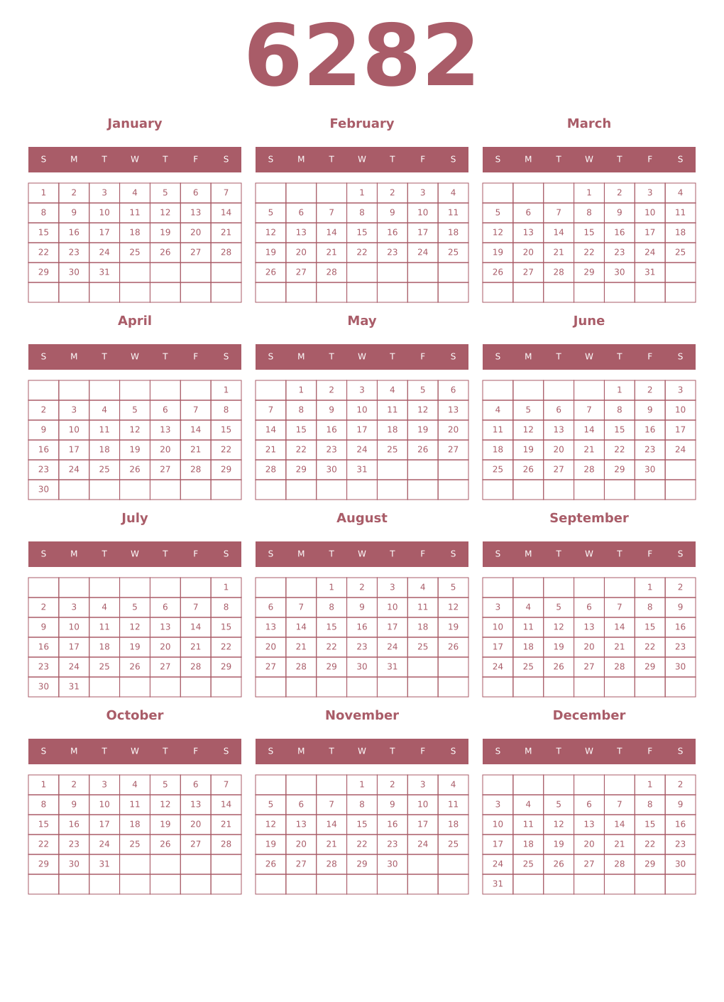 Printable 6282 Year Calendars puce