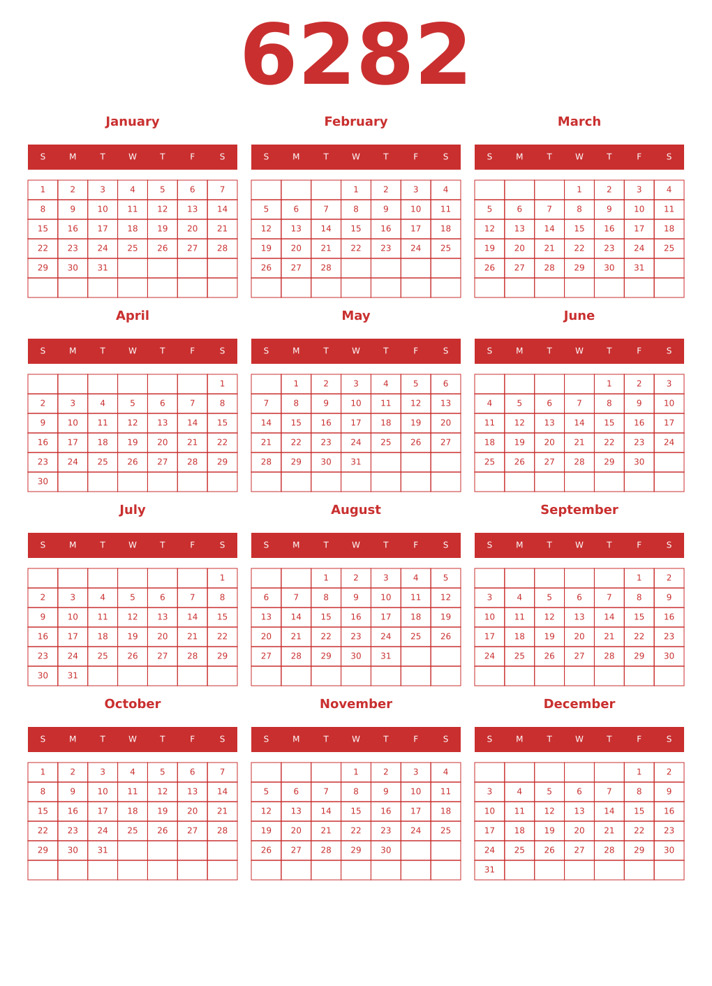 Printable 6282 Year Calendars red