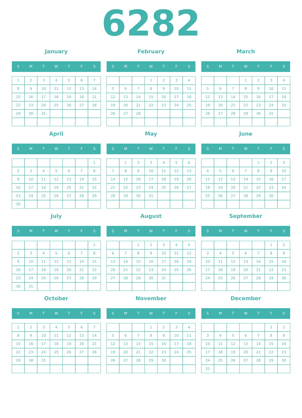 Printable 6282 Year Calendars verdigris