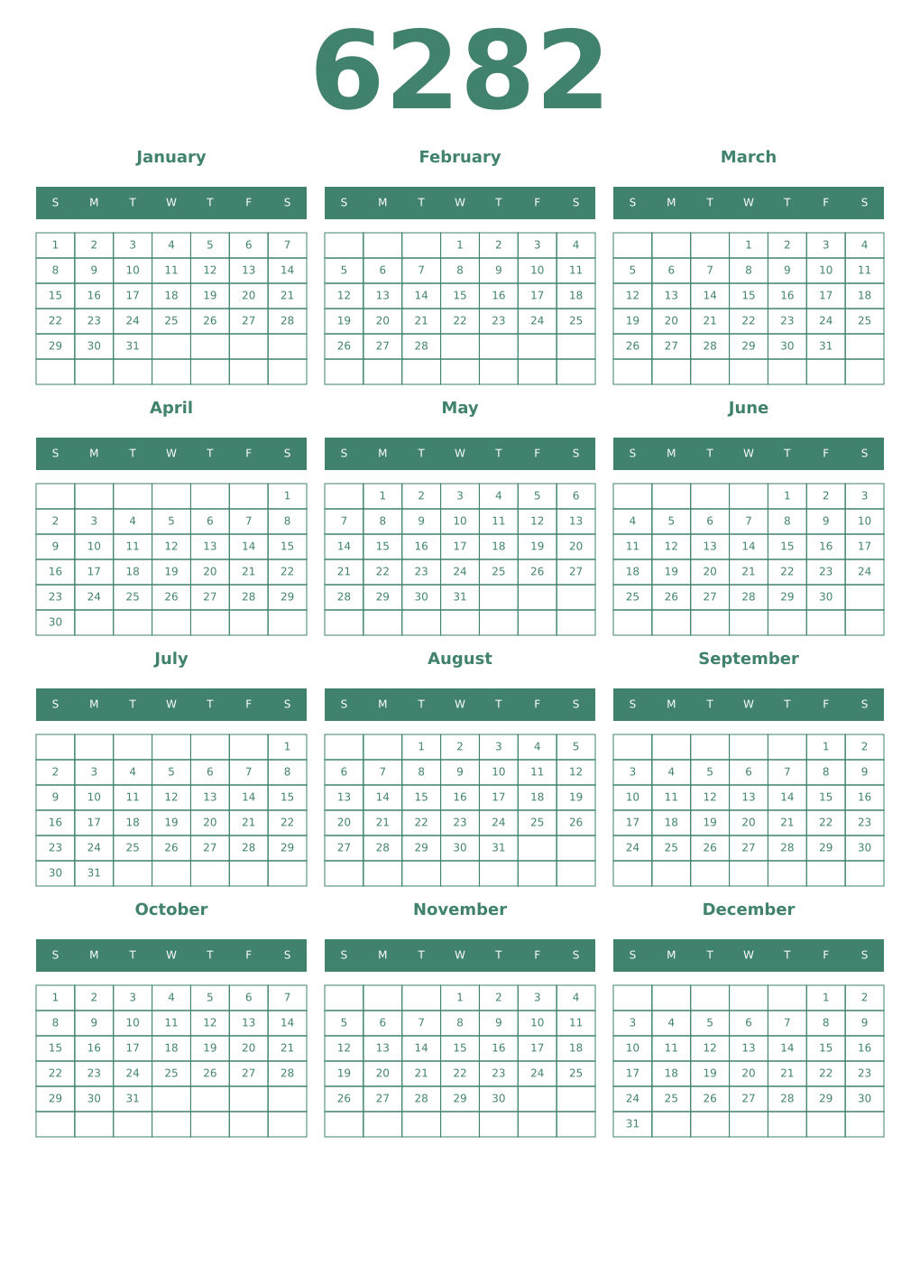 Printable 6282 Year Calendars viridian