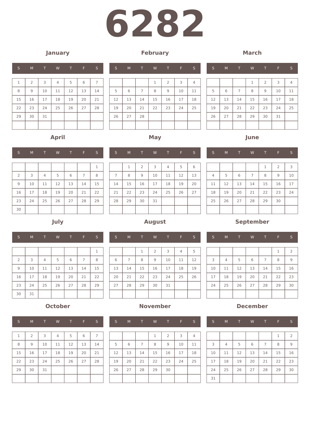 Printable 6282 Year Calendars wenge