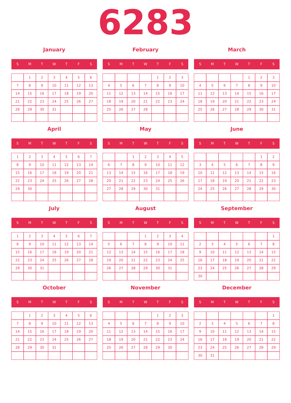 Printable 6283 Year Calendars amaranth