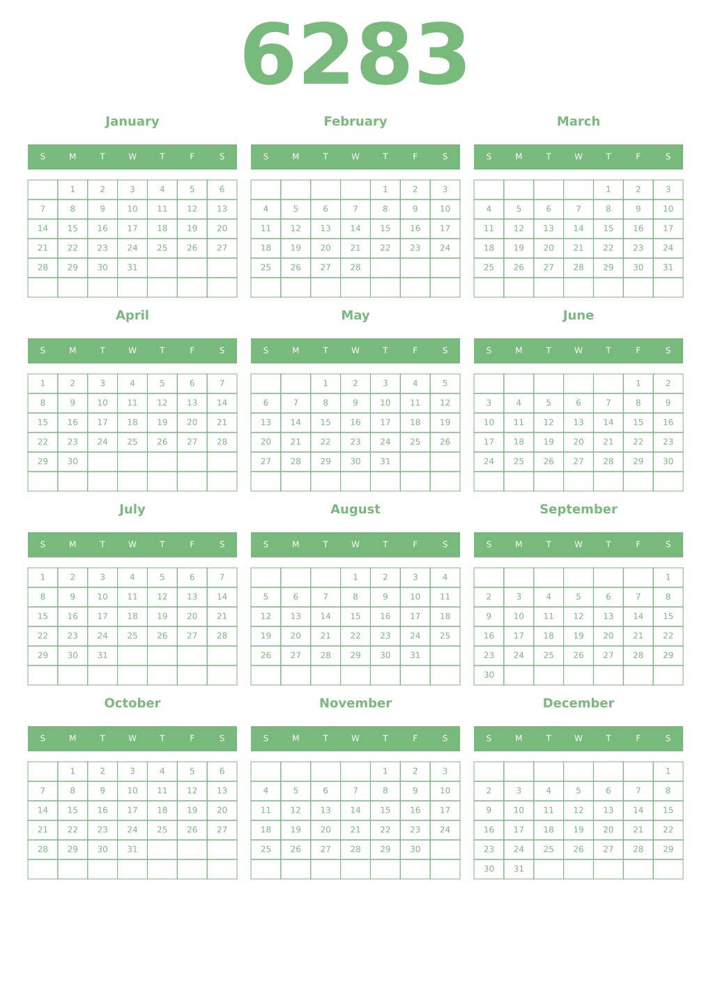 Printable 6283 Year Calendars celadon