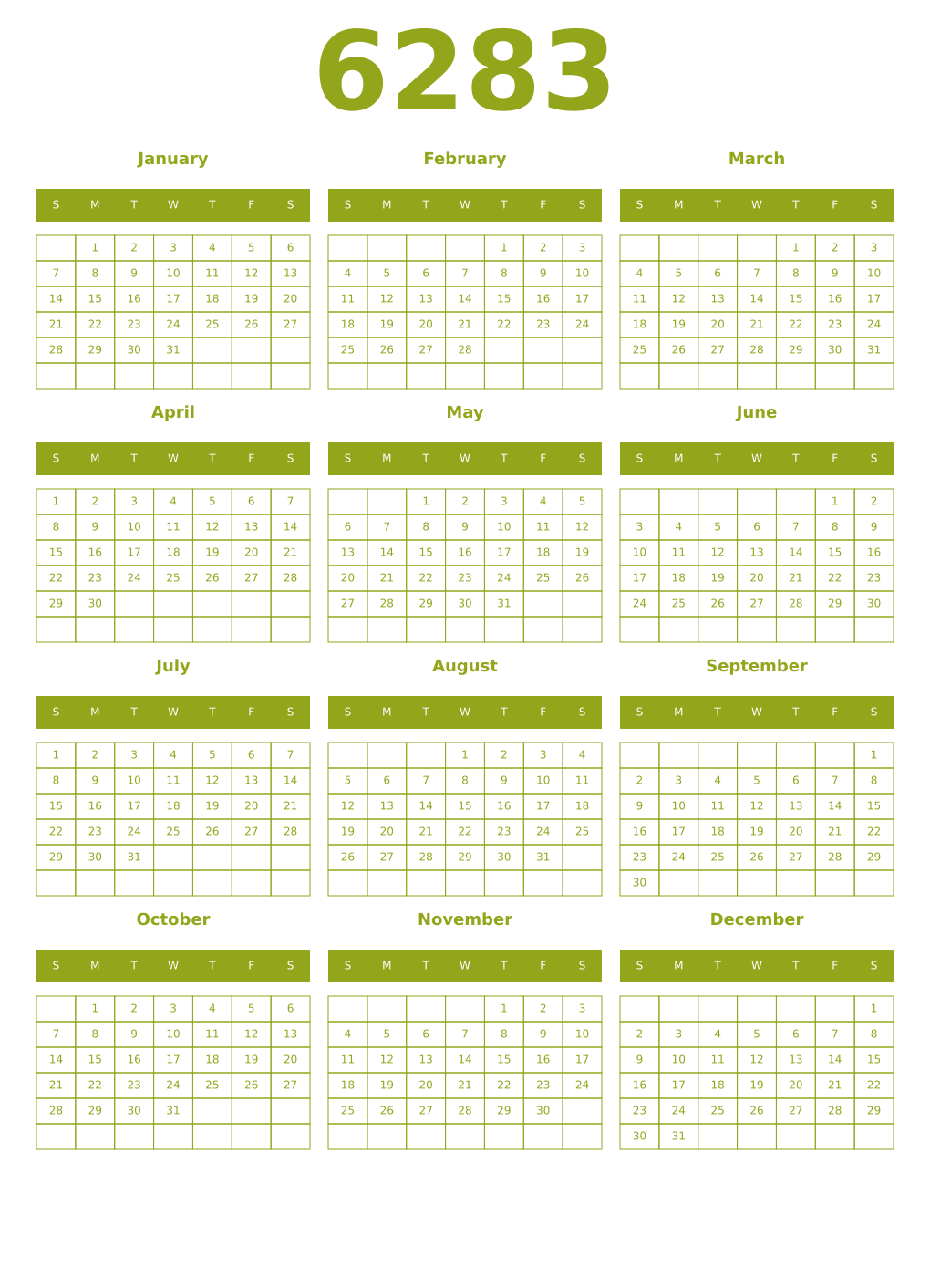 Printable 6283 Year Calendars chartreuse
