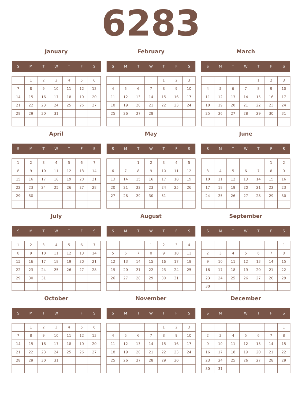 Printable 6283 Year Calendars coffe