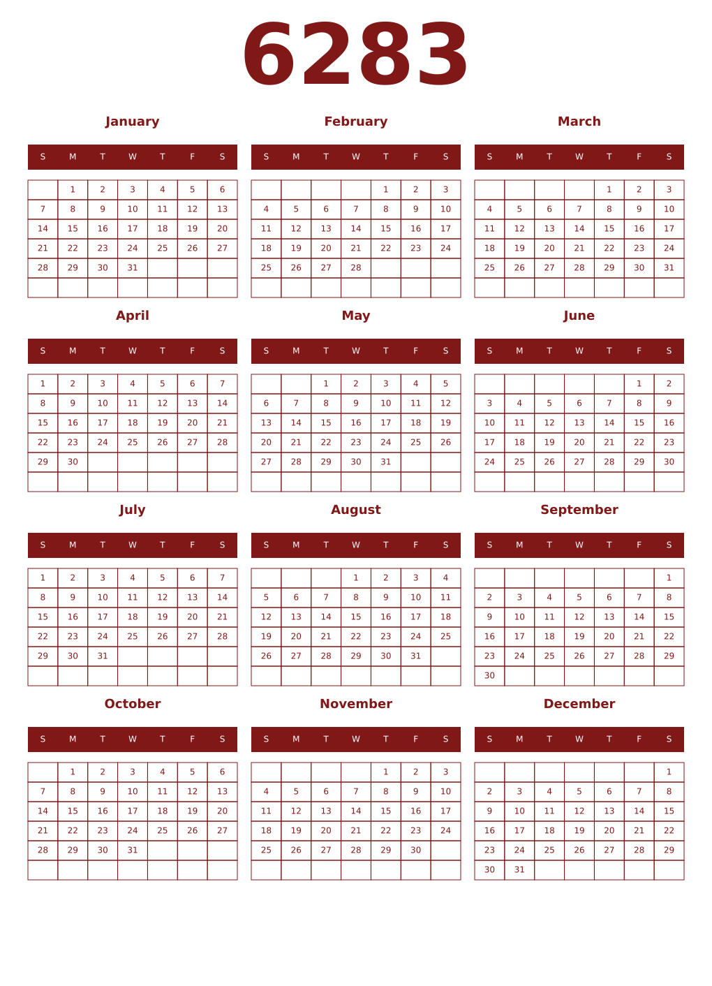 Printable 6283 Year Calendars falu