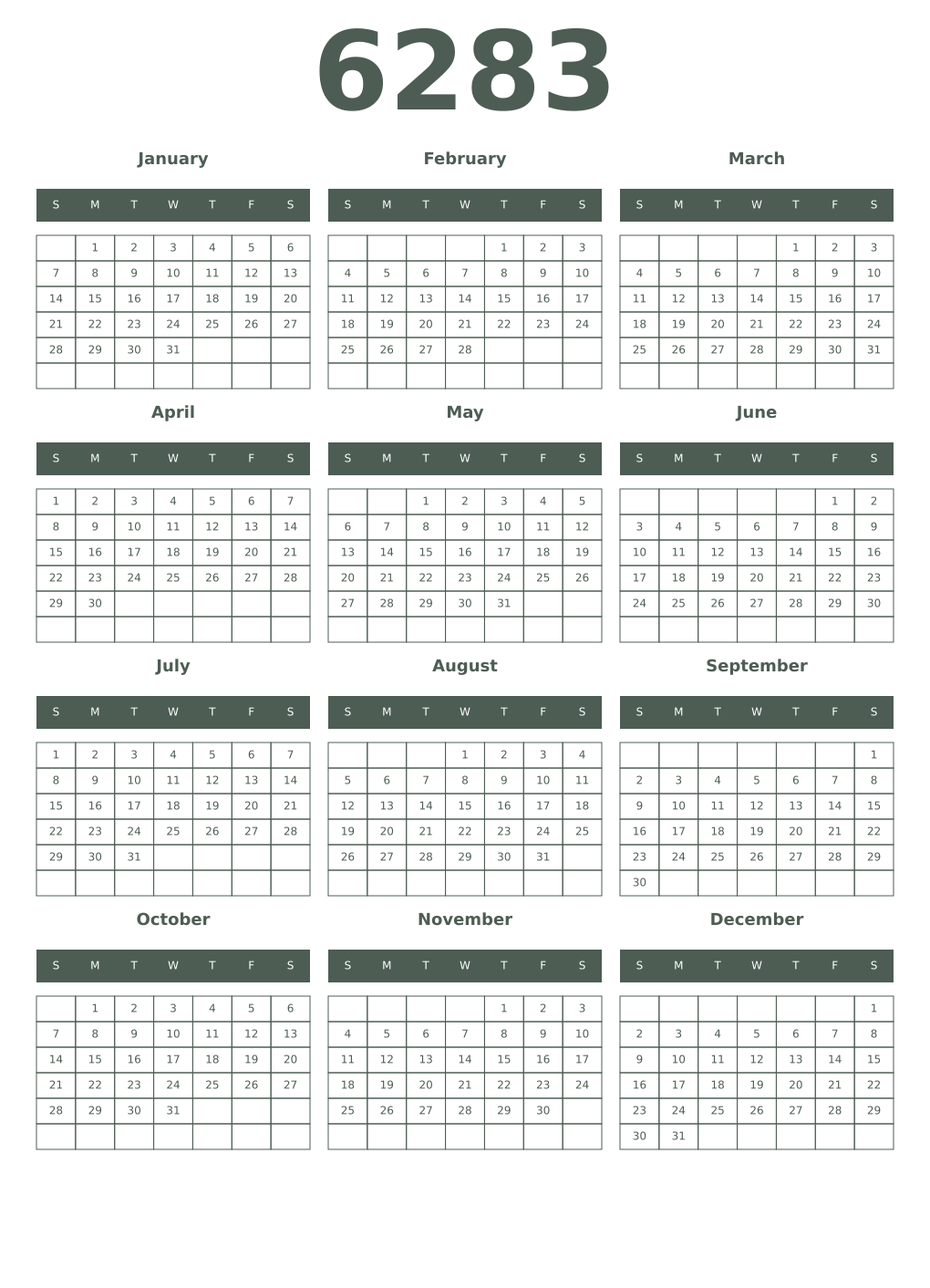 Printable 6283 Year Calendars feldgrau