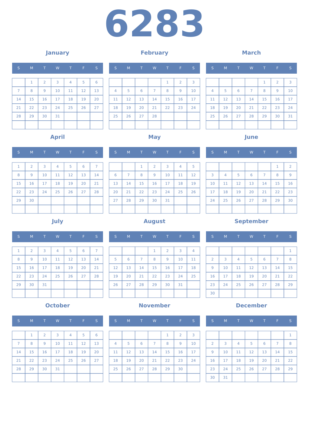 Printable 6283 Year Calendars glaucous